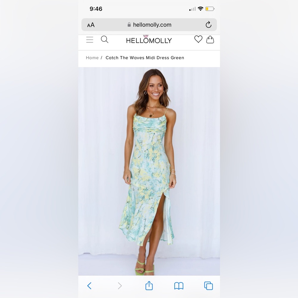 Beautiful Hello Molly green midi dress, thin straps, comfortable and airy